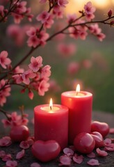 Wall Mural - Valentine's day love celebration in nature romantic candles and blossoms serene environment