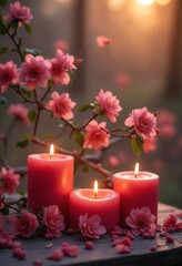 Aufkleber - Valentine's day love celebration in nature romantic candles and blossoms serene environment