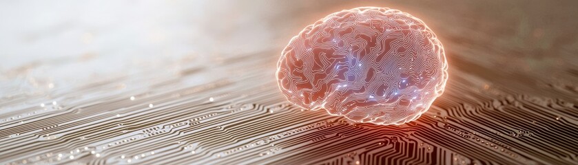 Digital Brain on Circuit Board AI Concept, 3D Render, Neural Network AI, Brain Computer Interface
