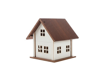 Small white wooden house model with a brown roof isolated on white background