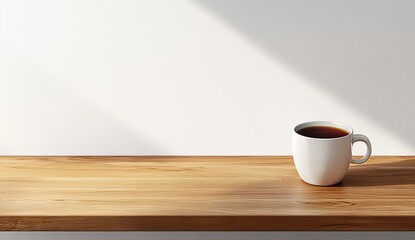 Wall Mural - A cup of tea on a wooden table against a white wall.