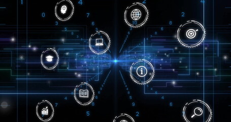 Image of business icons over network of connections with data processing on black background