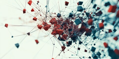 Poster - Abstract 3D network of connected red and gray cubes.