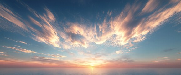 Sticker - Dramatic sunset over calm ocean with streaky clouds.