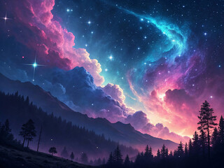 Wall Mural - sunrise over the mountains, colorful space galaxy cloud nebula. stary night cosmos. universe science