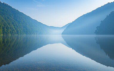 Wall Mural - Serene lake reflecting misty mountains at dawn.