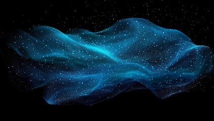 Poster - Abstract blue glowing particles wave on black background.