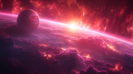 Wall Mural - cosmic landscape with rings around a planet and a glowing sun backdrop. generative ai