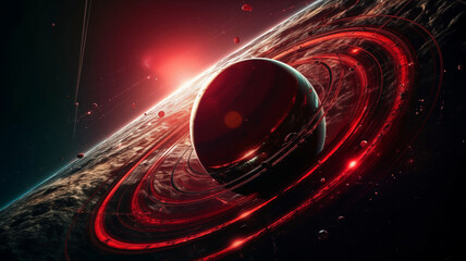 Wall Mural - cosmic landscape with rings around a planet and a glowing sun backdrop. generative ai