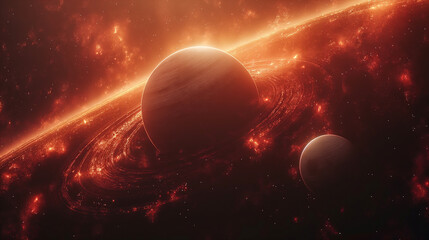 Wall Mural - cosmic landscape with rings around a planet and a glowing sun backdrop. generative ai