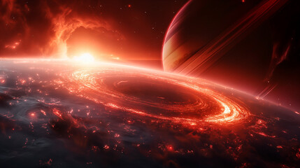 Wall Mural - cosmic landscape with rings around a planet and a glowing sun backdrop. generative ai