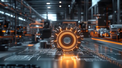 Glowing mechanical gear network surrounded by automation system diagrams and control panel icons