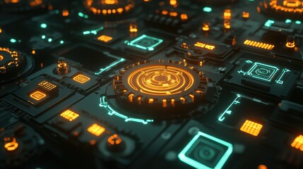 Glowing mechanical gear network surrounded by automation system diagrams and control panel icons