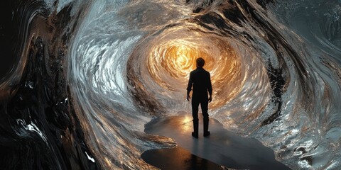 Wall Mural - a man stands in a cave with a large hole in the wall
