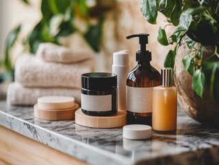 A collection of winter skincare products like moisturizers and serums displayed on a marble countertop focus on, nourishing skincare, ethereal, fusion, luxury bathroom backdrop