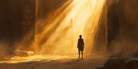 Wall Mural - a person stands in a cave with sunlight shining on them