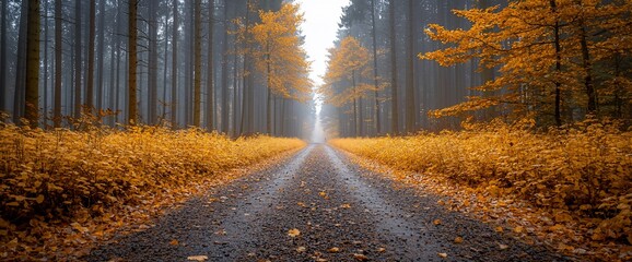 Wall Mural - Misty autumn forest path lined with golden leaves.