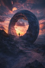 Wall Mural - A man is walking through a tunnel in a rocky mountain