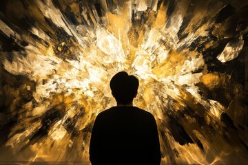 Wall Mural - A man is standing in front of a painting of a yellow explosion