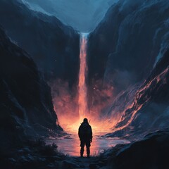 Wall Mural - A man stands in front of a lava waterfall