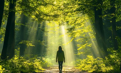 Wall Mural - Woman walking forest path, sunbeams.