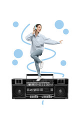 Wall Mural - Composite collage picture image of positive active young attractive girl dancing have fun earphones retro vintage boombox have fun disco