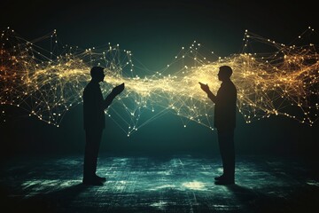 Wall Mural - Two men are standing in front of a large, glowing, abstract background