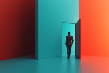 Wall Mural - A man walks through a doorway into a room with a blue wall