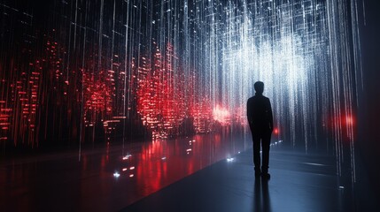 Wall Mural - A man stands in a dark room with a red and blue light