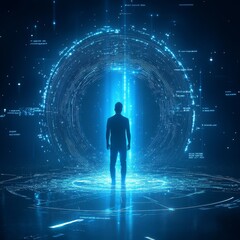 Wall Mural - A man stands in front of a blue circle with a lot of dots