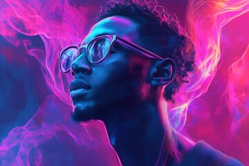 Canvas Print - a man with glasses is looking at the camera in a colorful background