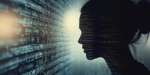 A woman's face is projected onto a wall of binary code