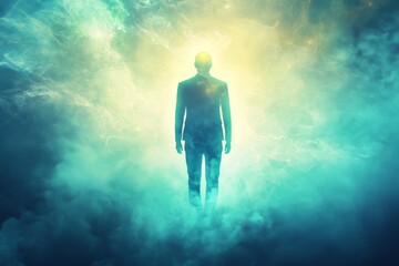 Wall Mural - A man is standing in a blue sky with a white cloud