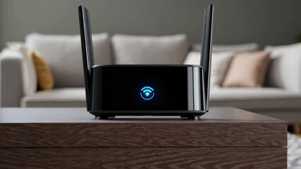Aufkleber - Smart home router on wooden table in modern living room, internet connectivity concept