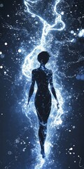 Wall Mural - A woman is standing in a blue light, surrounded by a blue mist
