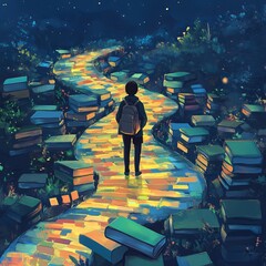 Wall Mural - A person is walking down a path with a backpack