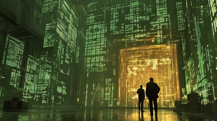 Futuristic Cyber Landscape Illuminated by Digital Structures with Silhouetted Figures