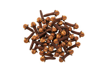 A small pile of dried cloves with rich brown tones, isolated on a white background