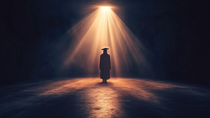 Wall Mural - a person is standing in a dark room with a light shining on them