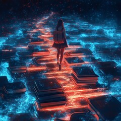 Wall Mural - A woman is walking down a path with stacks of books in the background