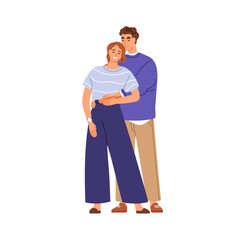 Sticker - Love couple embracing. Happy young man and woman hugging with affection. Romantic tender relationships. Smiling fonding partners together. Flat vector illustration isolated on white background