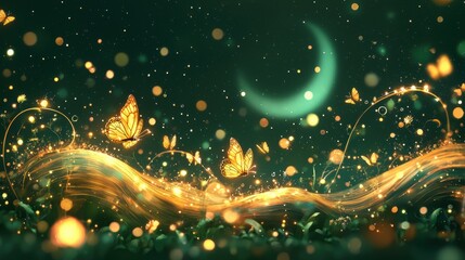 Wall Mural - a tranquil fantasy meadow glowing under a crescent moon. radiant flowers bloom in cascading waves, a