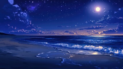 night sky over a beach, with the gentle waves of the ocean reflecting the starry sky and the distant glow