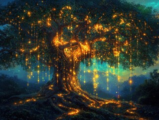 Wall Mural - a celestial forest glowing softly with radiant vines that climb translucent trees. streams of liquid