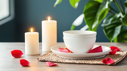 Aufkleber - Spa still life with candles rose petals and bowls on a wooden table against a dark wall