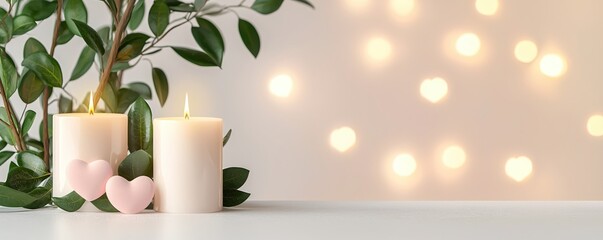 Poster - Warm candles and pink hearts on white surface with bokeh lights and green leaves background