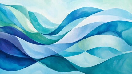 Fototapete - An artistic close-up of flowing, curved lines in shades of blue and green, intertwining and creating a sense of fluidity against a soft gradient background