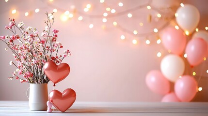 Poster - Pink floral arrangement with heart balloons and string lights on a light pink background