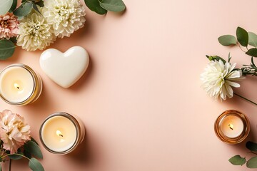 Aufkleber - Elegant arrangement of white flowers candles and heart on a soft pink background for a peaceful mood
