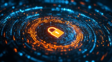Poster - A digital lock symbol surrounded by swirling data streams, representing cybersecurity and data protection.